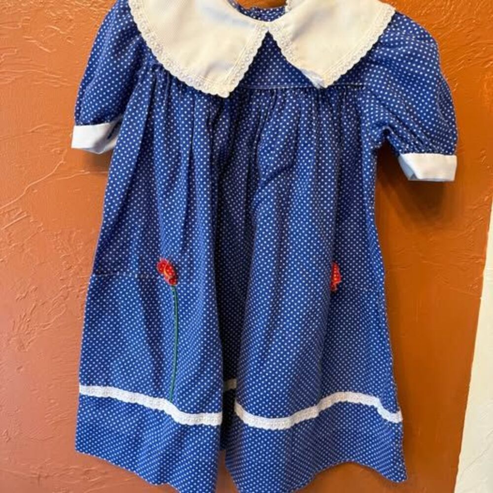 Vintage peaches n cream 5t girls blue red white dress with flowers